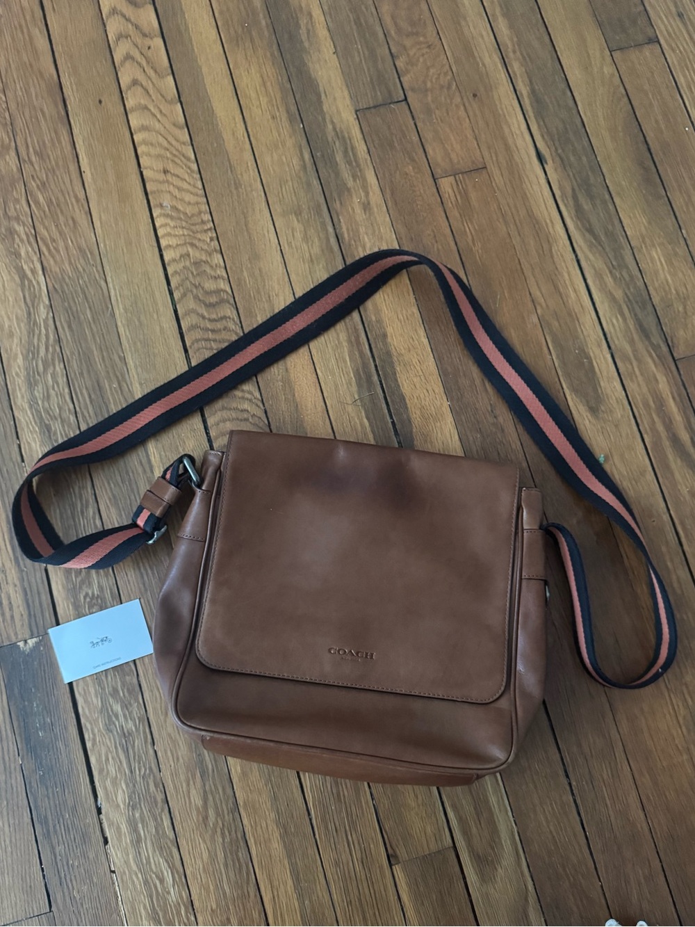 Coach Brown Leather Messenger Bag with Black and Tan-Striped Strap
